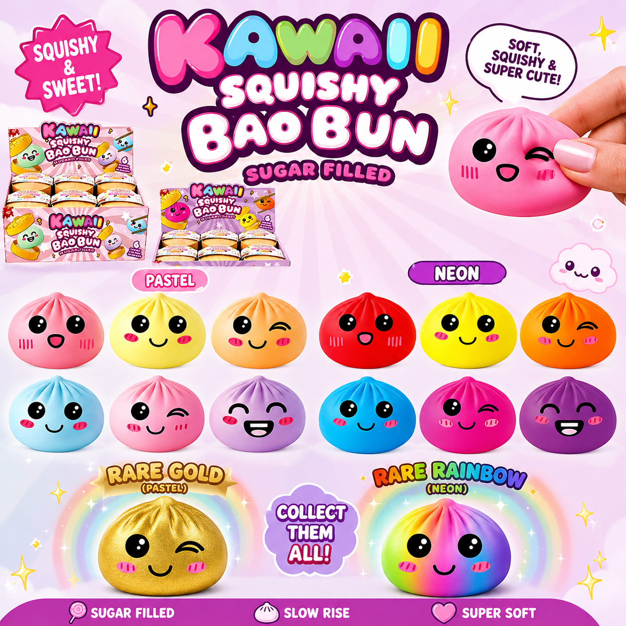 Kawaii Squishy Bao Buns - Neon or Pastel Editions - Sugar Filled