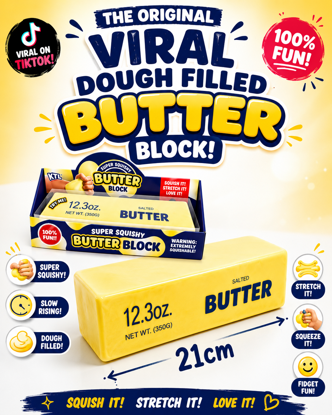 The Original Viral Dough Filled Butter Block | 21cm Super Squishy Slow Rising Fidget Toy 🧈✨